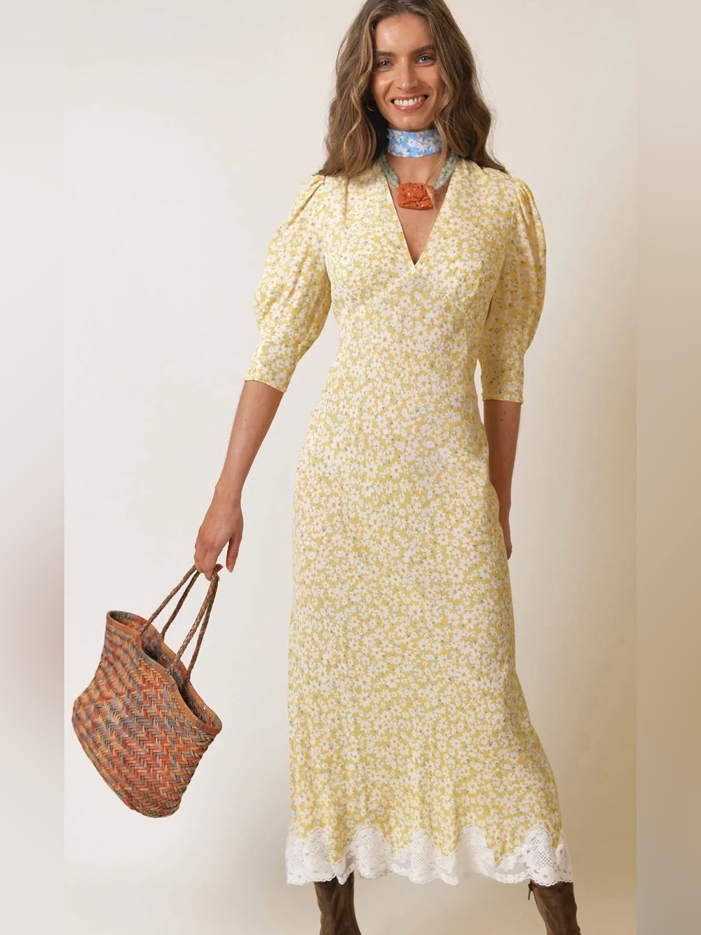 RIXO Yellow Floral V‑Neck Maxi Dress with Lace Hem